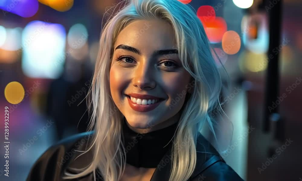 Night City Portrait: A Smiling Woman in Vibrant Urban Lights Night City Portrait: A Smiling Woman in Vibrant Urban Lights