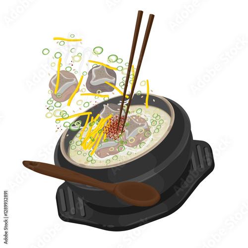 Vector Illustration Logo Clipart Levitation Gomtang Korean Beef bone Soup on a Ttukbaegi