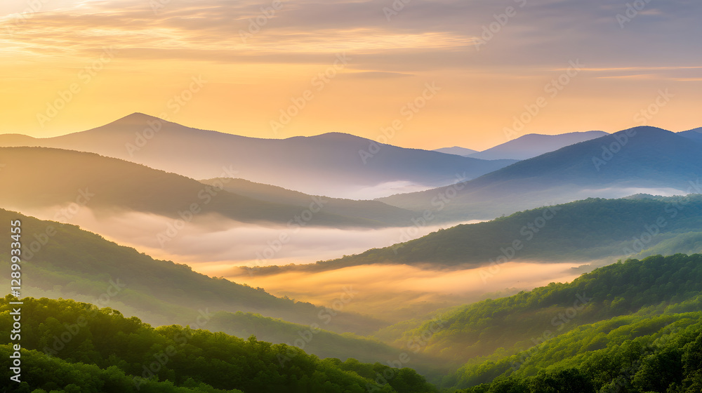 scenic mountain landscape during sunrise with golden hues and mist. rolling hills create serene atmosphere, perfect for nature lovers and photographers scenic mountain landscape during sunrise with golden hues and mist. rolling hills create serene atmosphere, perfect for nature lovers and photographers