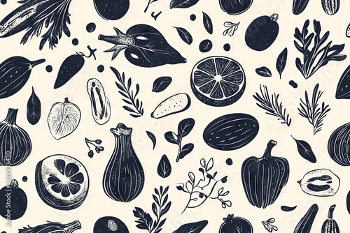 Wallpaper Mural Vegetable and Fruit Pattern: An artistic design featuring many produce items. Torontodigital.ca