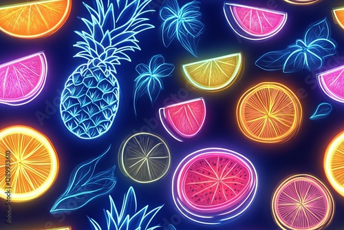 Wallpaper Mural Neon fruit and floral pattern against a dark blue backdrop. Torontodigital.ca