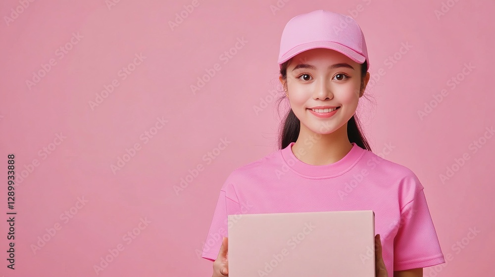 A smiling delivery person holding a package in a pink environment A smiling delivery person holding a package in a pink environment
