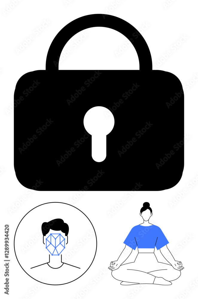 Large padlock for security, facial recognition in a circle, and person meditating. Ideal for privacy, identity, technology, data protection, mindfulness, wellness and abstract line flat metaphor Large padlock for security, facial recognition in a circle, and person meditating. Ideal for privacy, identity, technology, data protection, mindfulness, wellness and abstract line flat metaphor