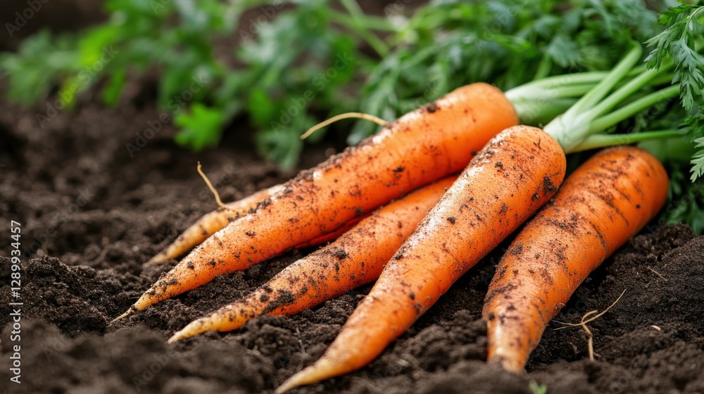 Fresh Orange Carrots with Dirt on Soil Background in Garden Scene Fresh Orange Carrots with Dirt on Soil Background in Garden Scene