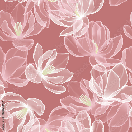 Floral seamless pattern features large, stylized white and pink magnolia flowers with a translucent or ghostly appearance on a solid terracotta-colored background, creating a light and airy design