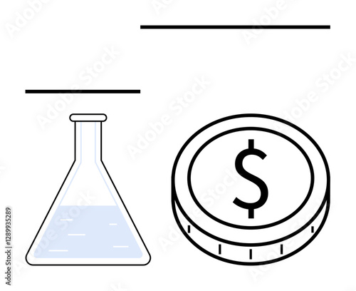 Laboratory flask with liquid beside a coin with a dollar sign conveys investment in science, innovation, and research funding. Ideal for education, finance, business strategy, budgeting, innovation