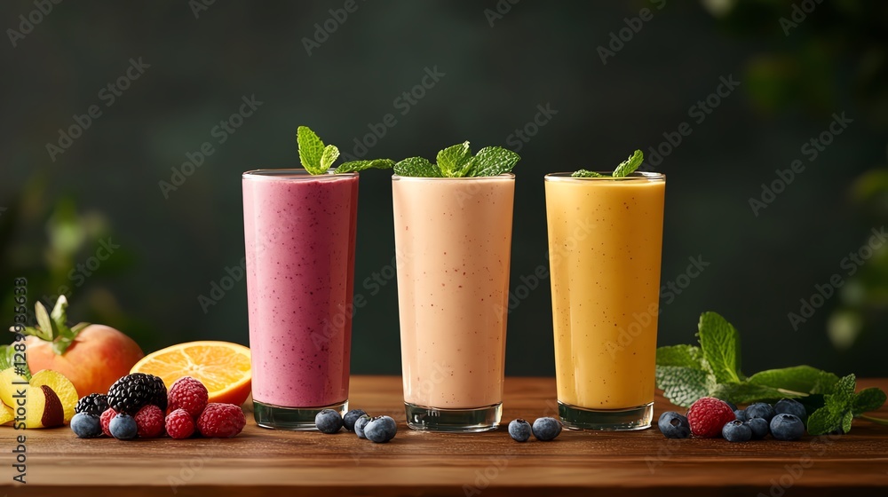 Fototapeta premium Three colorful smoothie glasses with fresh fruits on a wooden table, perfect for a refreshing drink.