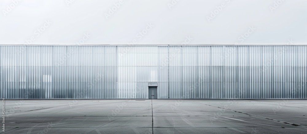 Modern glass building with single door entrance and large empty parking lot. Modern glass building with single door entrance and large empty parking lot.