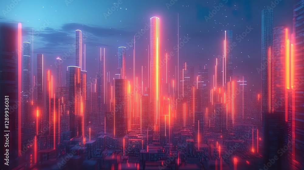 Fototapeta premium A glowing 3D bar chart rising against a digital cityscape background