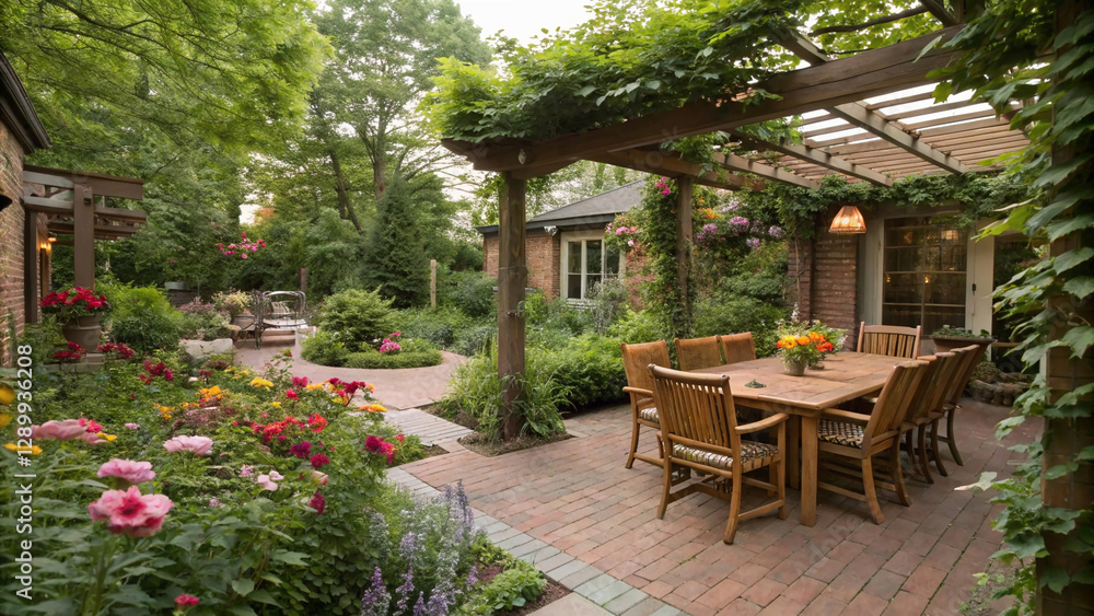 A serene garden patio featuring a wooden dining set surrounded by vibrant flowers and lush greenery, perfect for outdoor relaxation and dining A serene garden patio featuring a wooden dining set surrounded by vibrant flowers and lush greenery, perfect for outdoor relaxation and dining