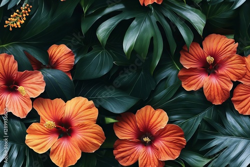 Wallpaper Mural Tropical orange hibiscus blossoms and green monstera leaves background. Torontodigital.ca
