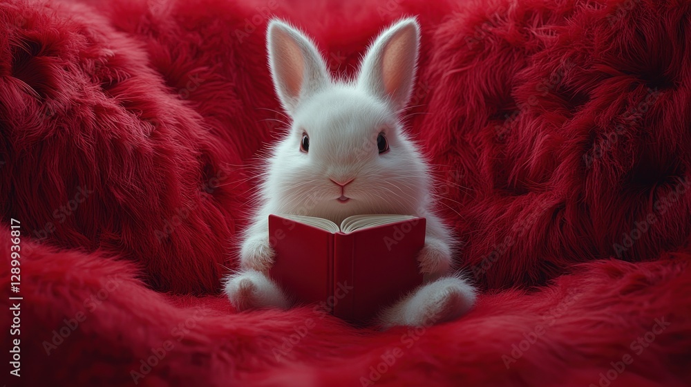 Obraz premium White bunny reading book on red fur