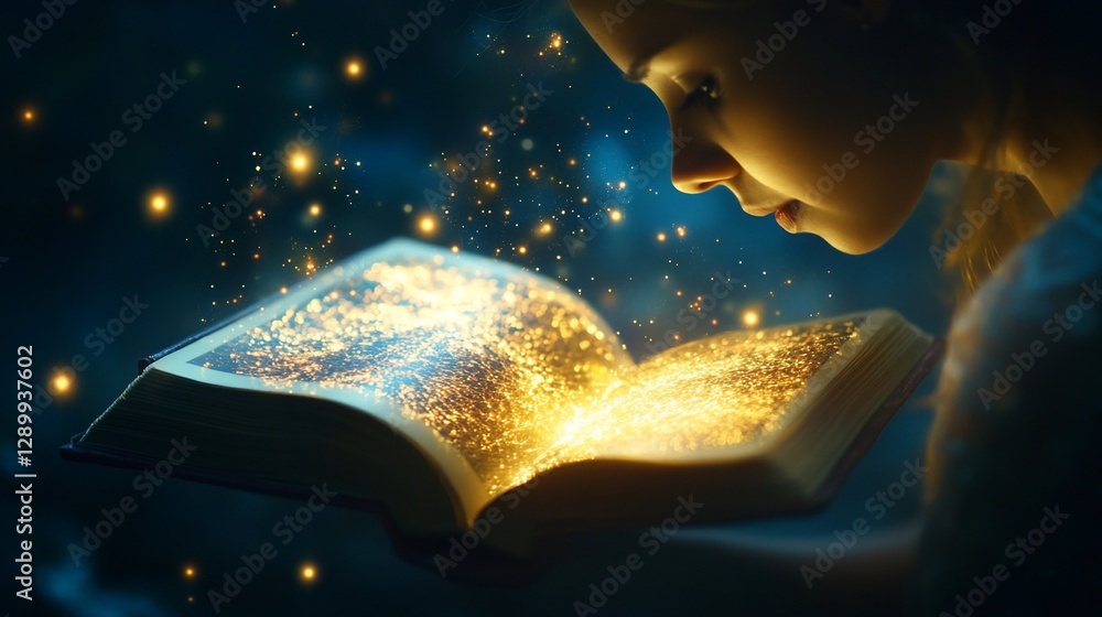 Fototapeta premium Enchanting Reading: A Girl Immersed in the Magical Pages of a Glowing Book