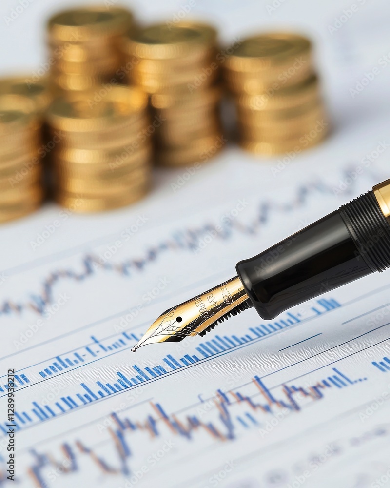 investor opportunity stocks successful concept. Financial analysis with a fountain pen and stacked coins on a graph paper background. investor opportunity stocks successful concept. Financial analysis with a fountain pen and stacked coins on a graph paper background.