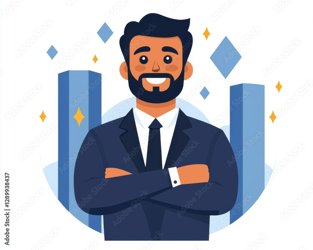 investor opportunity stocks successful concept. Professional man in a suit with crossed arms, smiling, set against an abstract background of geometric shapes. investor opportunity stocks successful concept. Professional man in a suit with crossed arms, smiling, set against an abstract background of geometric shapes.