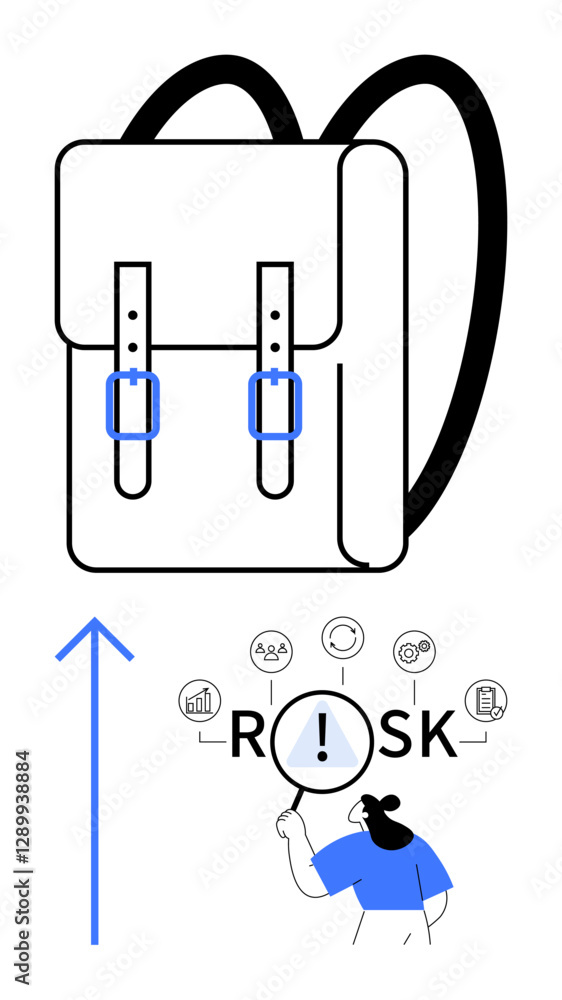 Backpack with sleek straps paired with magnifying glass highlighting Risk text surrounded by icons thumbs up gears, analytics, and chat bubbles. Ideal for risk management, strategy evaluation