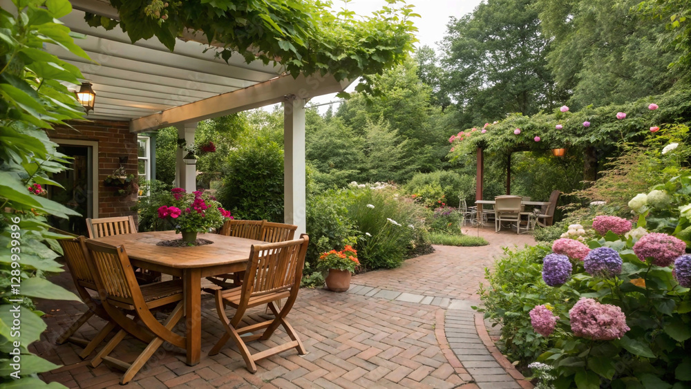 Obraz premium A picturesque backyard garden with a brick pathway, wooden table and chairs, and an abundance of colorful flowers and plants, creating a tranquil outdoor retreat