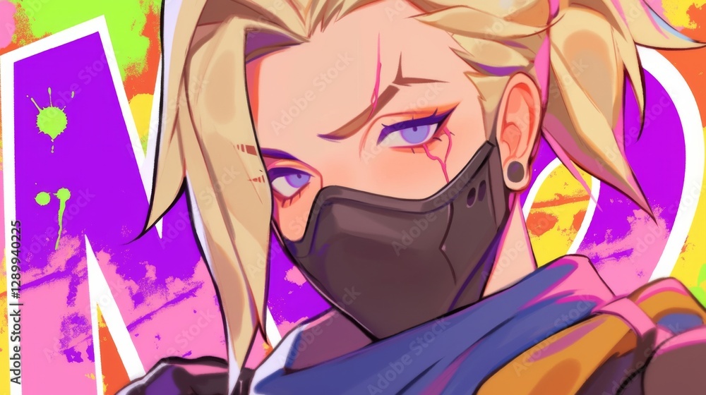 a girl with short blonde hair , with the 'NO' icon in purple, yellow, and orange colors. a girl with short blonde hair , with the 'NO' icon in purple, yellow, and orange colors.