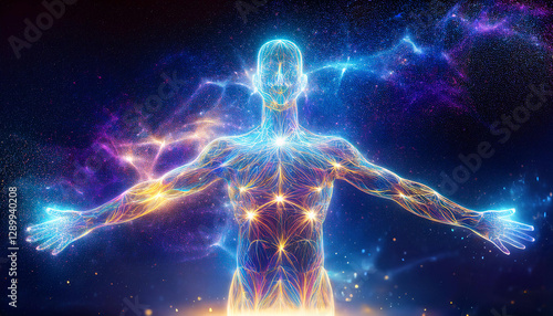 Realistic human being made of light with his arms spread apart to the cosmos