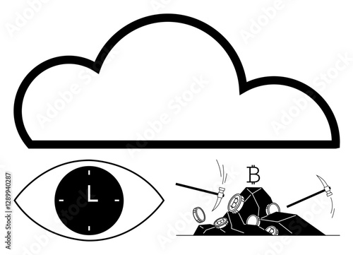 Abstract cloud, clock within eye, and cryptocurrency mining tools. Ideal for technology, blockchain, time efficiency, data sharing, innovation, digital economy abstract line flat metaphor