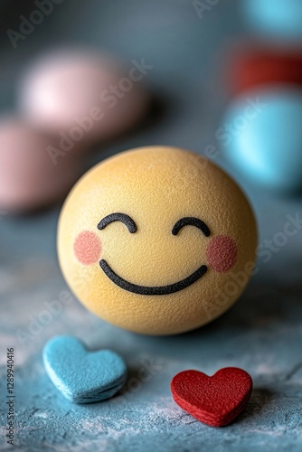 Joyful Smiley Confection: A close-up shot of a delightful, smiling confection amidst other decorative sweets on a textured surface, capturing feelings of happiness and contentment.