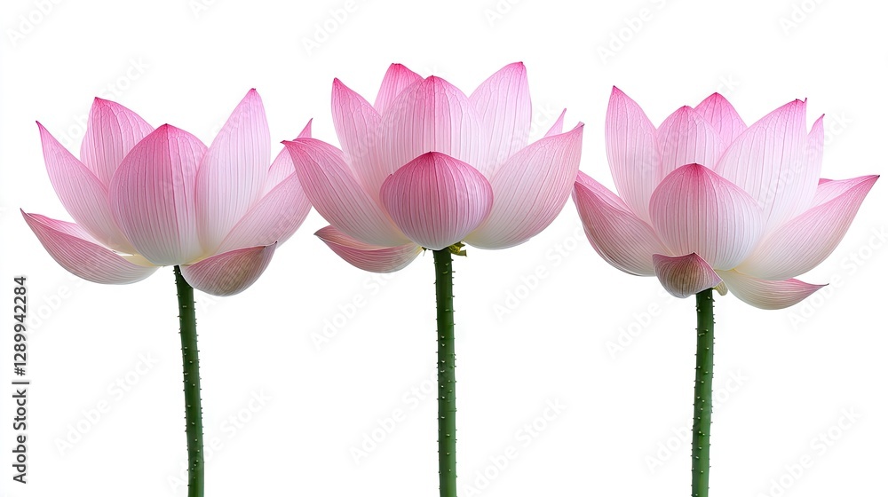 Fototapeta premium Three pink lotus flowers, isolated on white background, nature serenity, ideal for spa or meditation