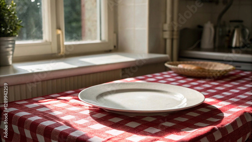 A cozy kitchen scene featuring a white plate on a red and white checkered tablecloth, with a window letting in natural light and a bowl of fresh fruit in the background.