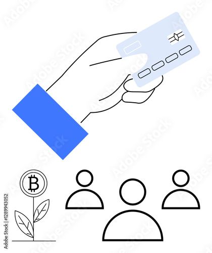 Hand holding a credit card, Bitcoin plant symbolizing cryptocurrency growth, and three user icons. Ideal for finance apps, fintech, blockchain, digital economy, investments, online payments abstract