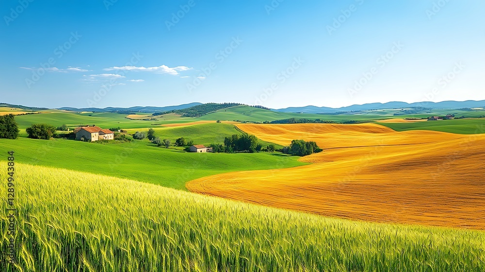 Fototapeta premium Vibrant rural landscape with rolling hills, green fields, and a clear blue sky.