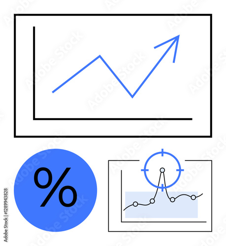 Line graph rising upward, percentage icon, and bullseye on data chart. Ideal for business growth, financial analytics, marketing strategies, performance tracking, goal setting, trend analysis