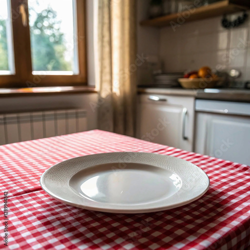 A simple yet inviting kitchen setup with a white plate on a red and white checkered tablecloth, complemented by a sunlit window and a bowl of fruit on the counter