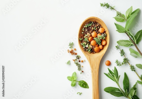 Fototapeta Naklejka Na Ścianę i Meble -  Colorful assortment of spices and herbs on a wooden spoon with fresh herbs spread on a plain background for culinary and cooking inspiration