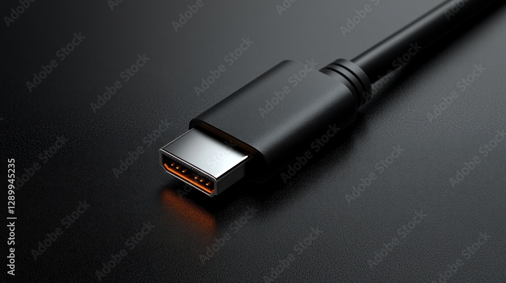 Close-up USB-C cable connector on dark surface Close-up USB-C cable connector on dark surface