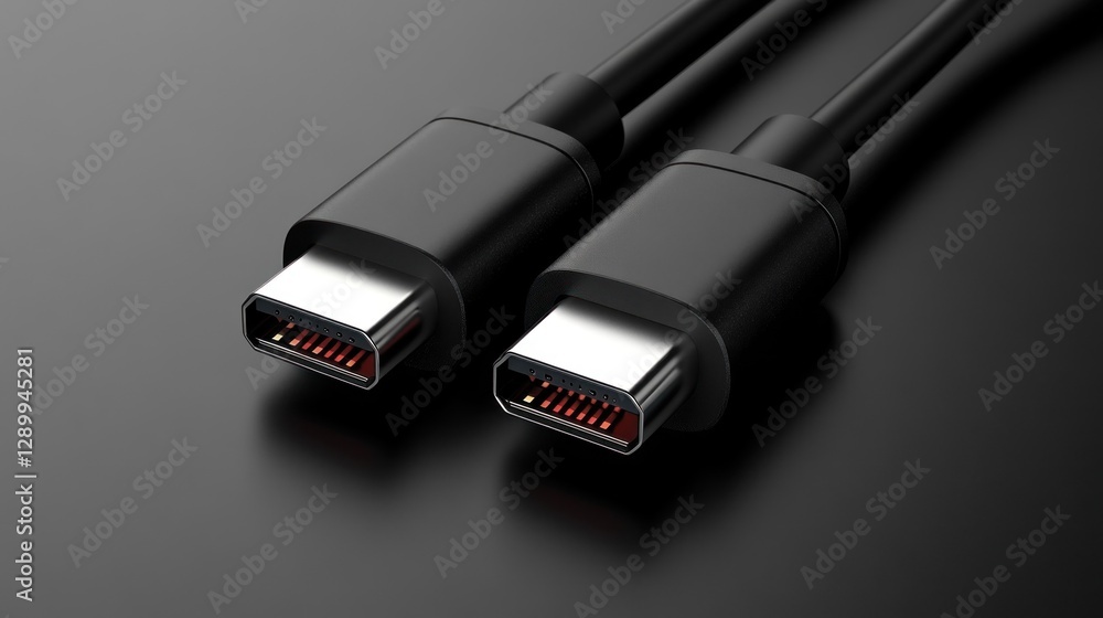 Black USB-C cables on dark surface Black USB-C cables on dark surface