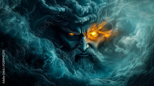 The mythological abstract face of Odin, emerging from swirling thunderclouds and glowing eyes radiating power
