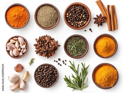 Fototapeta Naklejka Na Ścianę i Meble -  Colorful assortment of spices including turmeric, garlic, cinnamon, and herbs arranged in wooden bowls on a white background for culinary inspiration