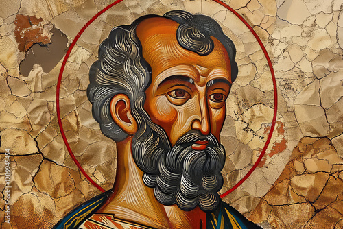 A detailed Byzantine-style icon depicting Saint Peter with a golden halo, intricate textures, and an aged cracked background, symbolizing religious tradition and spiritual depth.