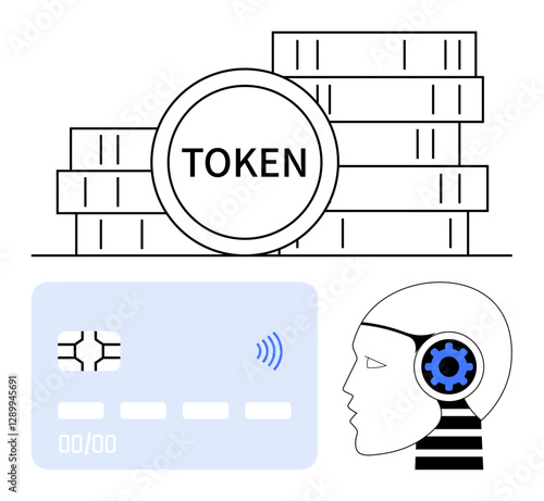 Tokens stacked, a chip-enabled credit card, and an AI-powered head. Ideal for fintech, crypto, AI integration, payments, blockchain digital security innovation. Abstract line flat metaphor