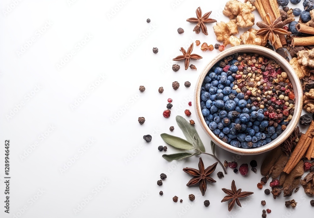Colorful Bowl of Dried Berries and Spices Surrounded by Star Anise, Cinnamon Sticks, and Various Seeds on White Surface for Culinary Use Colorful Bowl of Dried Berries and Spices Surrounded by Star Anise, Cinnamon Sticks, and Various Seeds on White Surface for Culinary Use