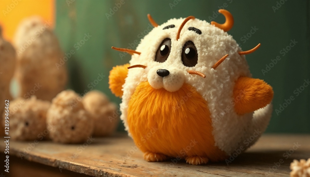 Obraz premium Cute plush creature with big eyes and fluffy fur on rustic wooden shelf