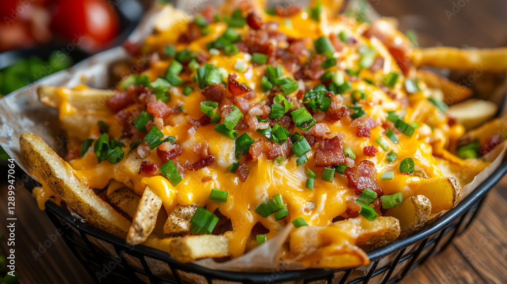 Close up of loaded fries with cheese, bacon, and green onions in a black basket on a wooden table, generative AI Close up of loaded fries with cheese, bacon, and green onions in a black basket on a wooden table, generative AI