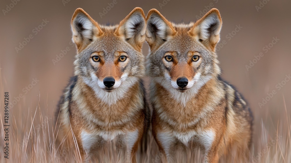 Fototapeta premium Two Coyotes Face-to-Face in Grassland