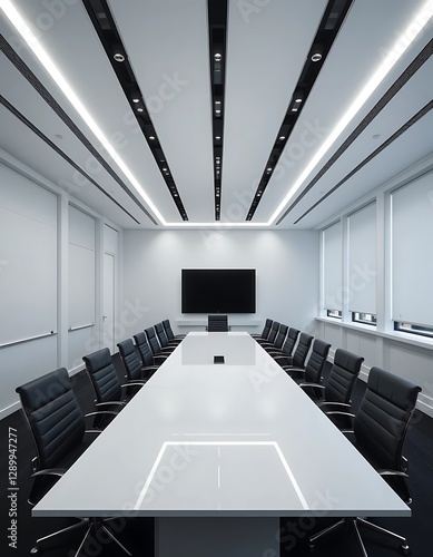 A modern conference room with a white and black theme photo