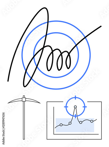 Abstract spiral overlaying concentric circles with a pickaxe and graph data analysis. Ideal for analytics, mining, exploration, decision-making, strategy, progress, abstract line flat metaphor