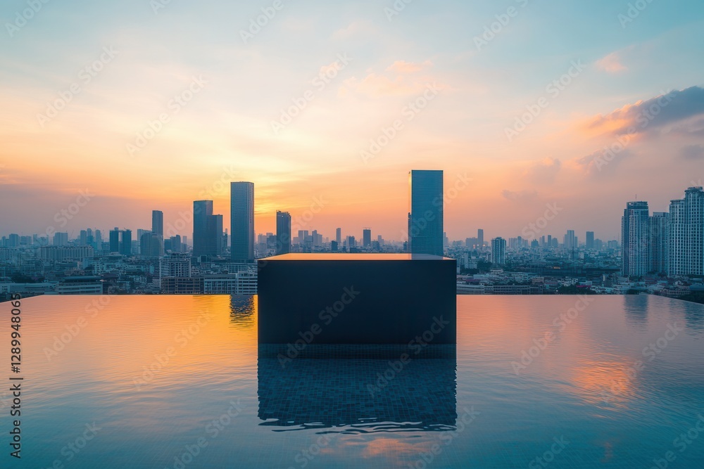 Obraz premium Serene Bangkok Sunset Infinity Pool Reflecting City Skyline at Twilight.