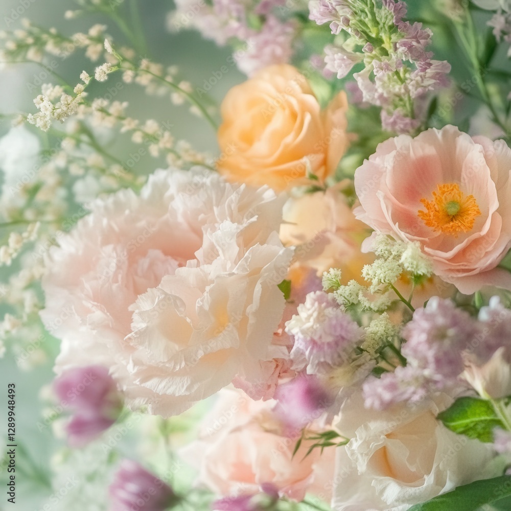 Delicate Floral Arrangement Pastel Carnations, Roses, Poppies, and Baby's Breath with Soft, Dreamy Light Delicate Floral Arrangement Pastel Carnations, Roses, Poppies, and Baby's Breath with Soft, Dreamy Light