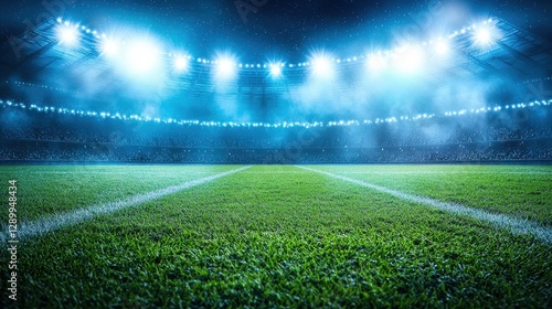 Under a canopy of twinkling stars, a vast, illuminated soccer stadium unfolds, its verdant pitch bathed in a kaleidoscope of stadium lights that pierce the darkness, creating a breathtaking 
