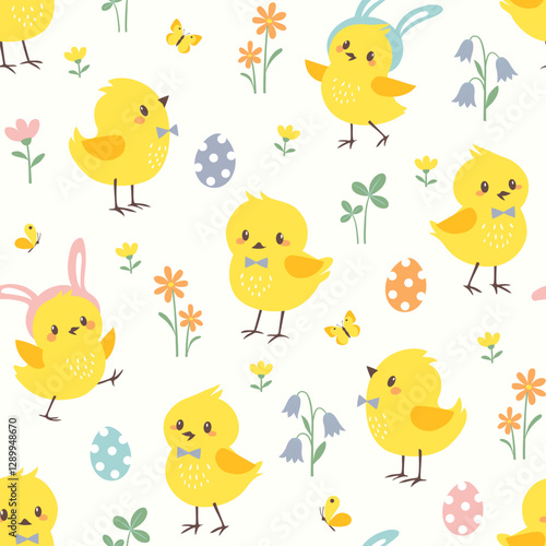 Easter vector seamless pattern with cute little chicks, Easter eggs and spring flowers in pastel colors on white background.