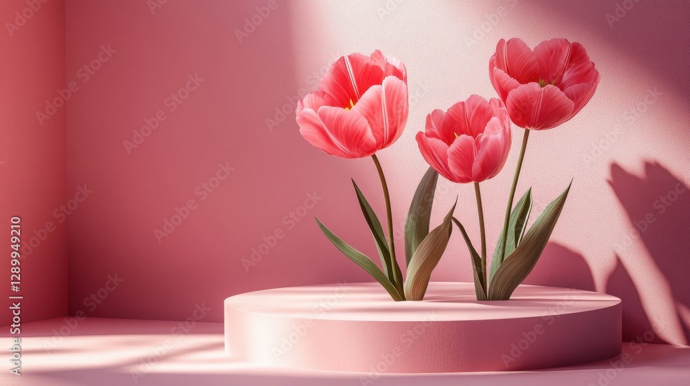 Fototapeta premium Pink vase containing three vibrant pink tulips arranged elegantly on a neutral background