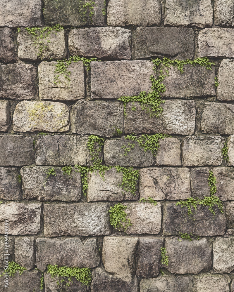 Ancient Stone Wall Texture with Green Moss and Plants, Weathered Brickwork Background Ancient Stone Wall Texture with Green Moss and Plants, Weathered Brickwork Background
